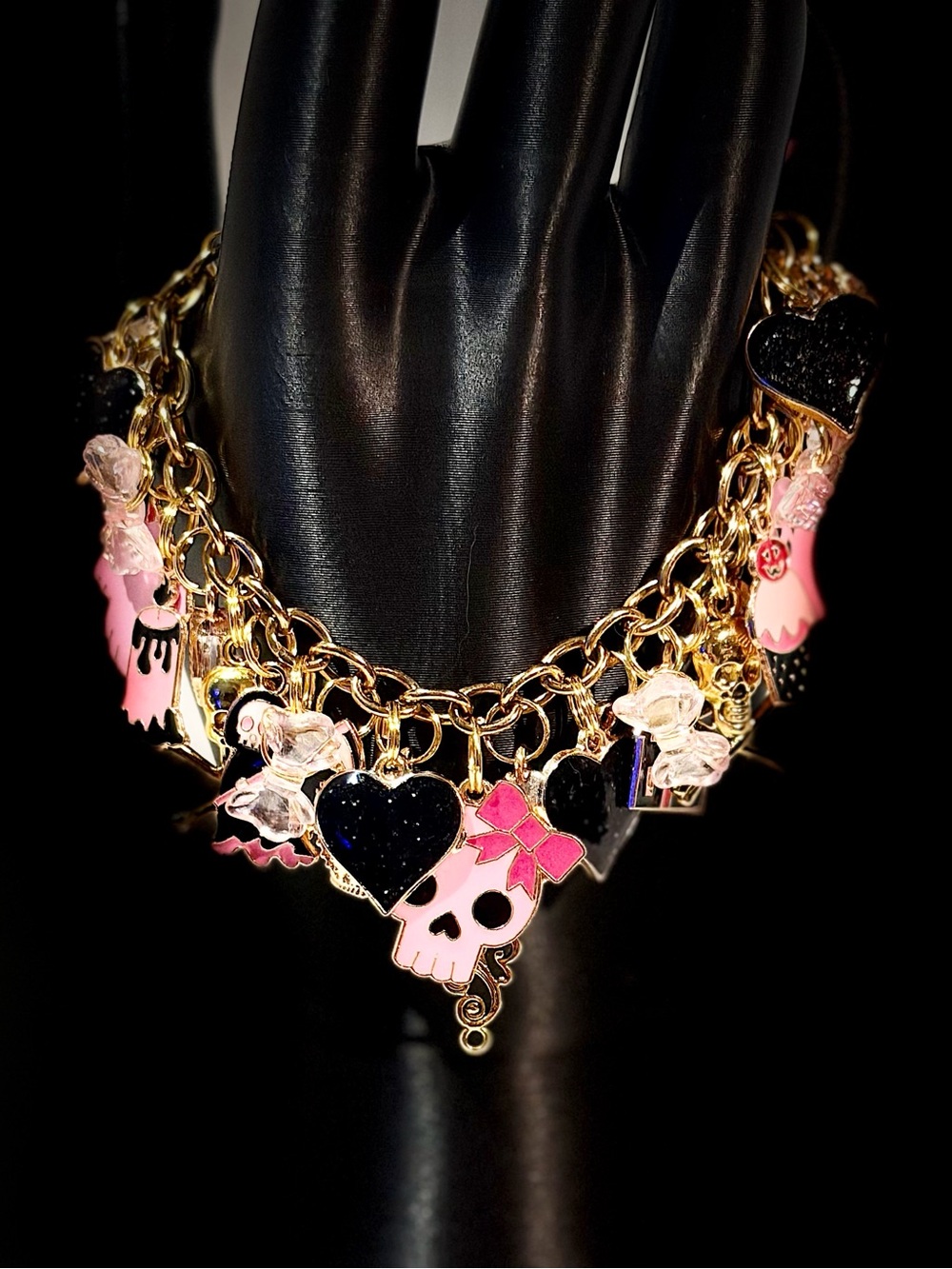 Gold Chain Charm Bracelet with Pink Skull & Black Heart Charms
